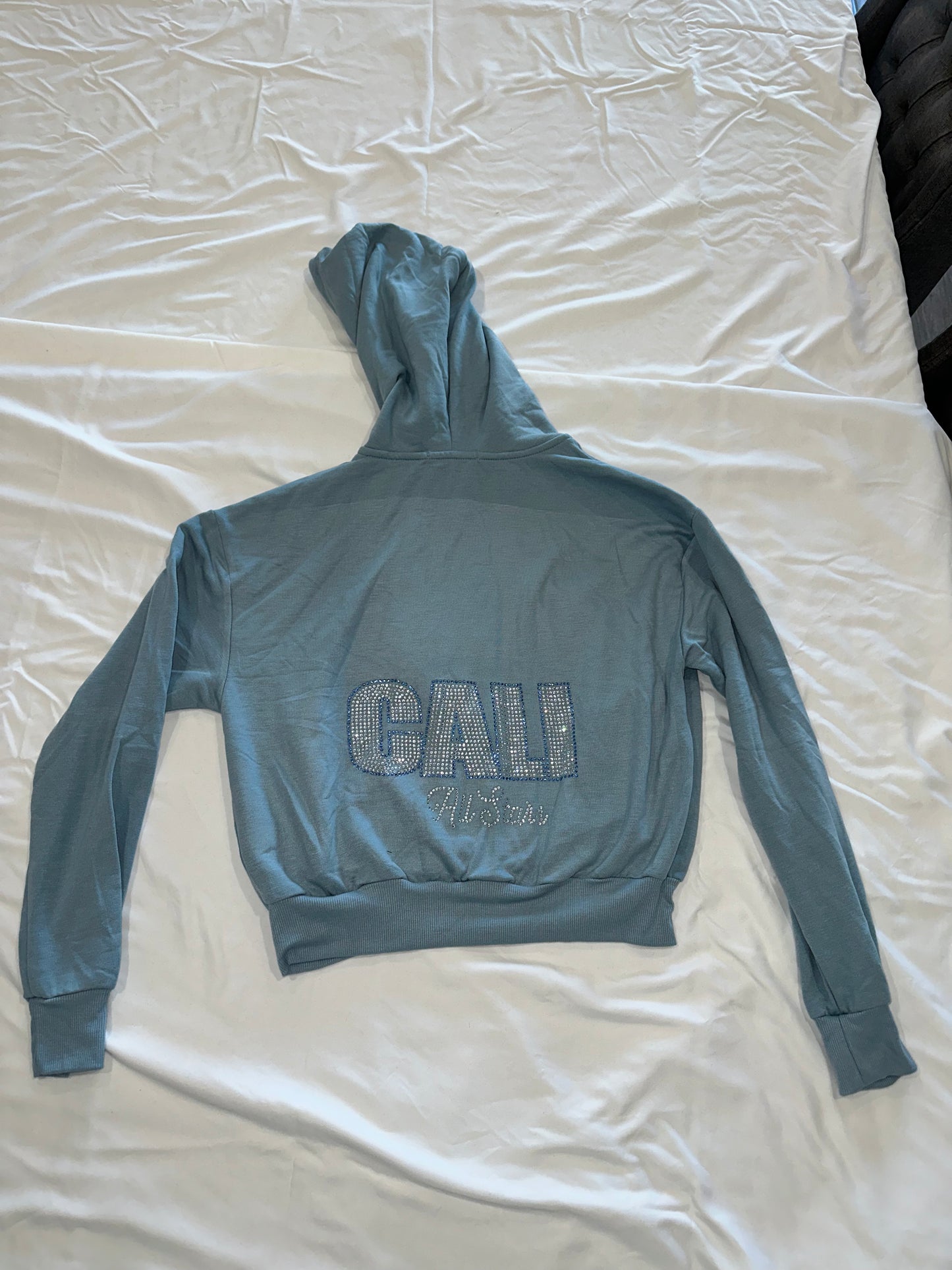 Light Teal Crop Zip Up Jacket with Bling "CALI" Block Letter Design