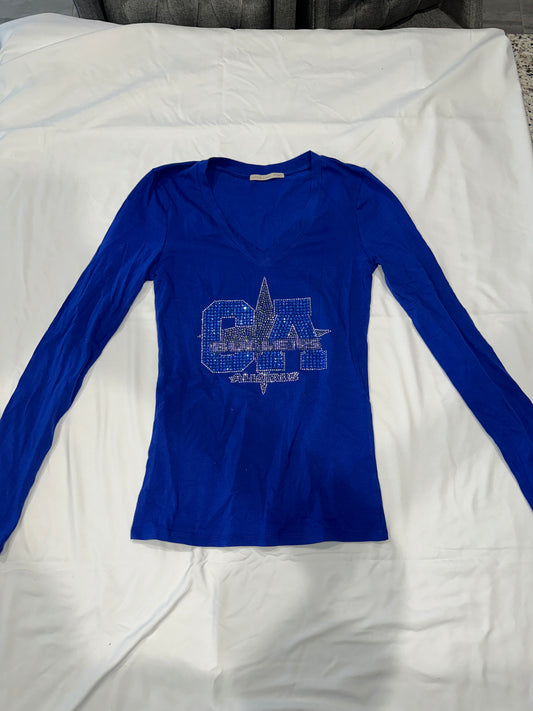 Long Sleeve Blue V-Neck with Bling CA Logo Design (Clear)