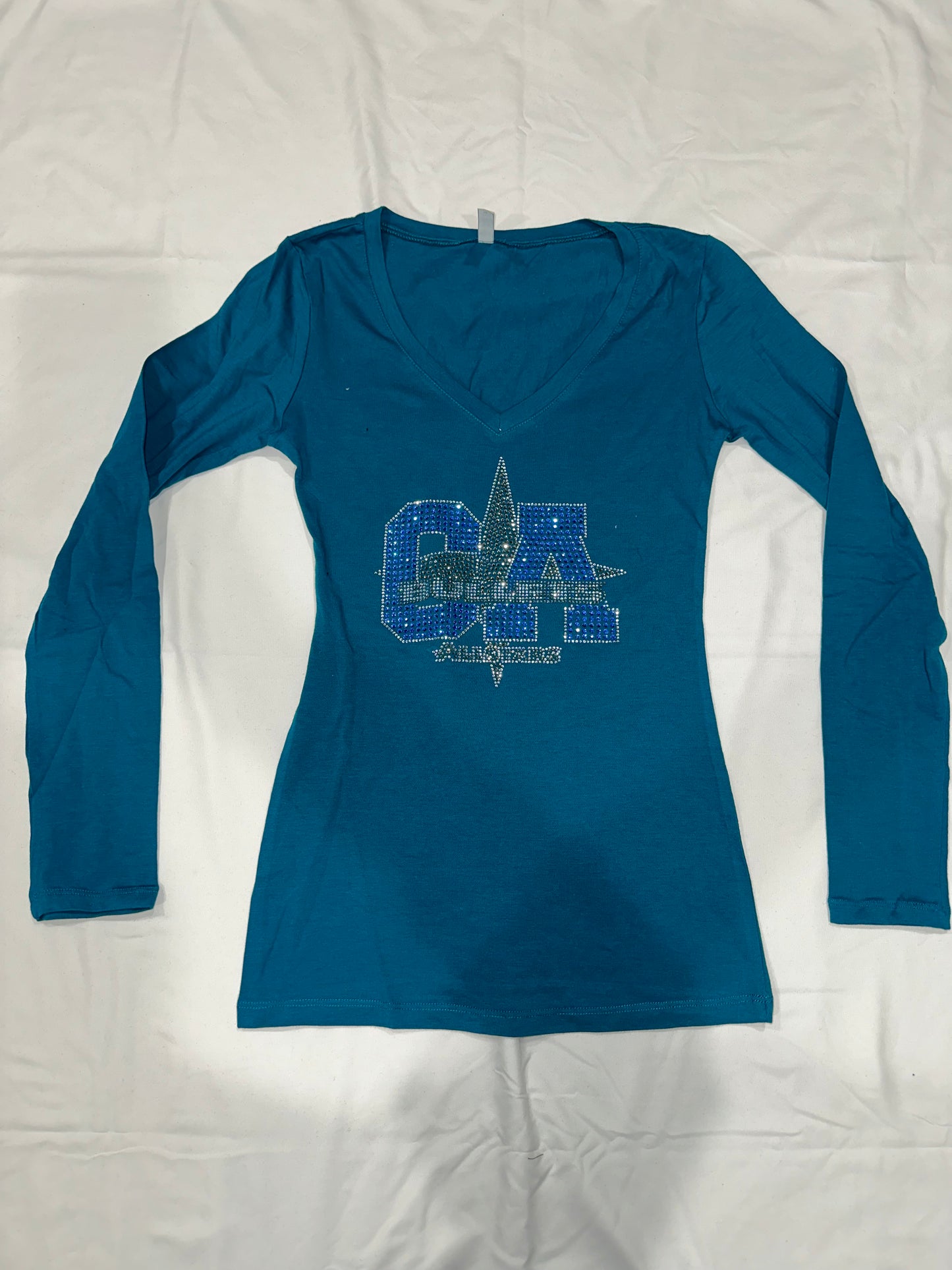 Long Sleeve Teal V-Neck with Bling Logo (Clear)