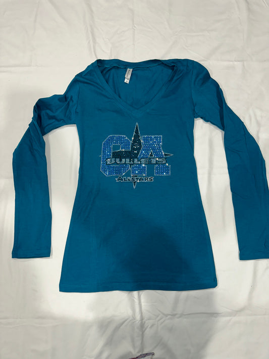 Long Sleeve Teal V-Neck with Bling Logo (Midnight)